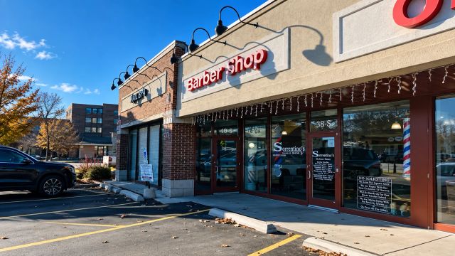 Barber shop storefront with vibrant colors and clear signage