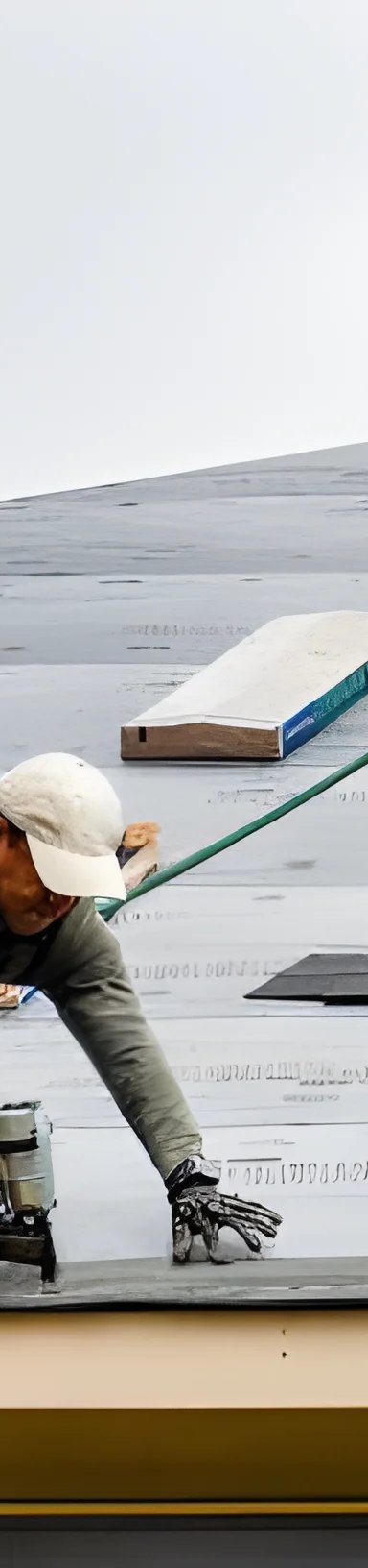 Two workers roofing a house with tools and equipment