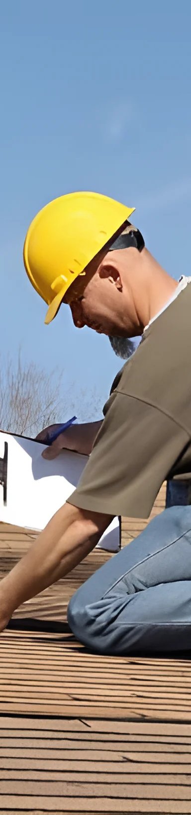 A worker inspecting a roof with a clipboard.