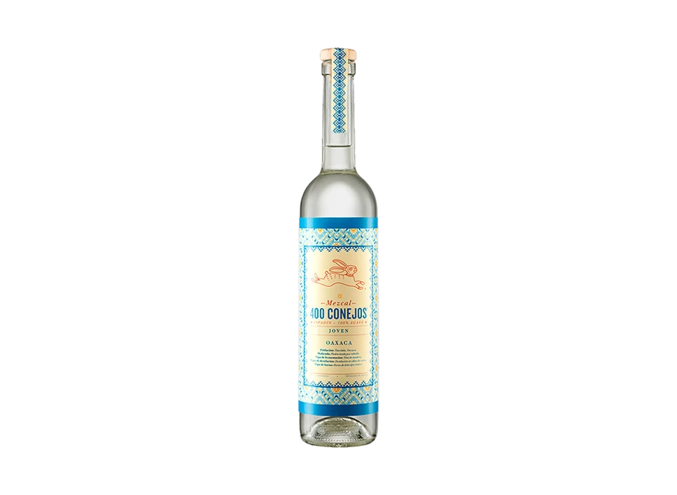 Bottle of Mezcal 100 Conejos showcasing traditional design