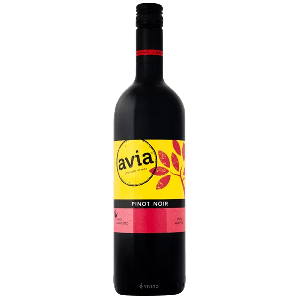 Bottle of Avia Pinot Noir wine on a neutral background.