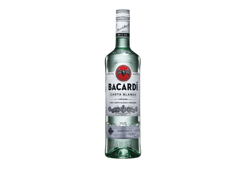 Bacardí Carta Blanca rum bottle against black background