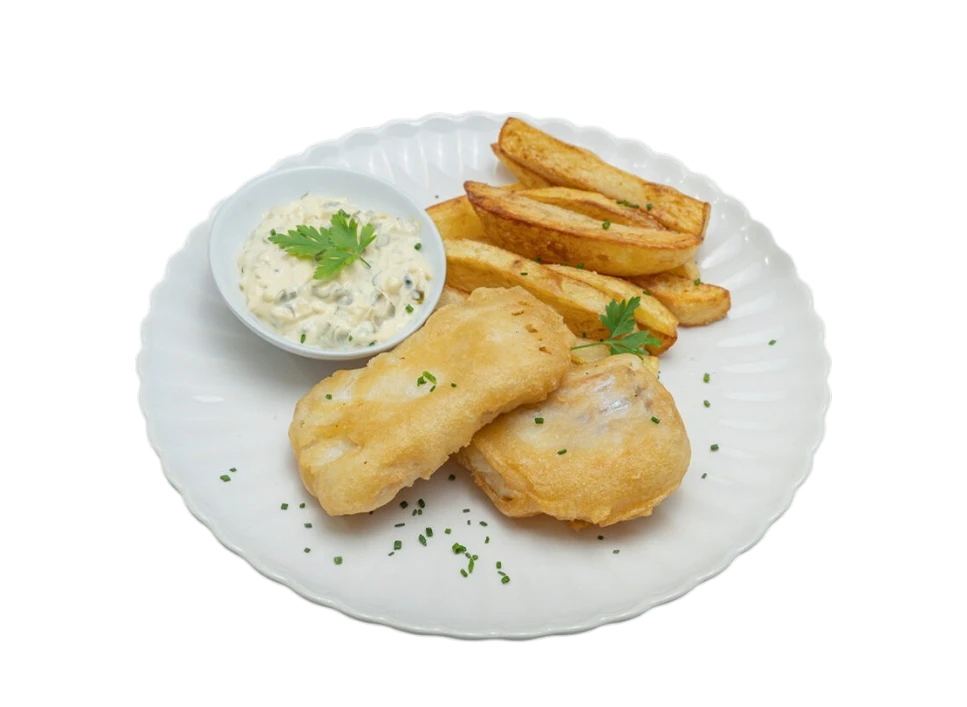 Plate of crispy fish and chips with tartar sauce