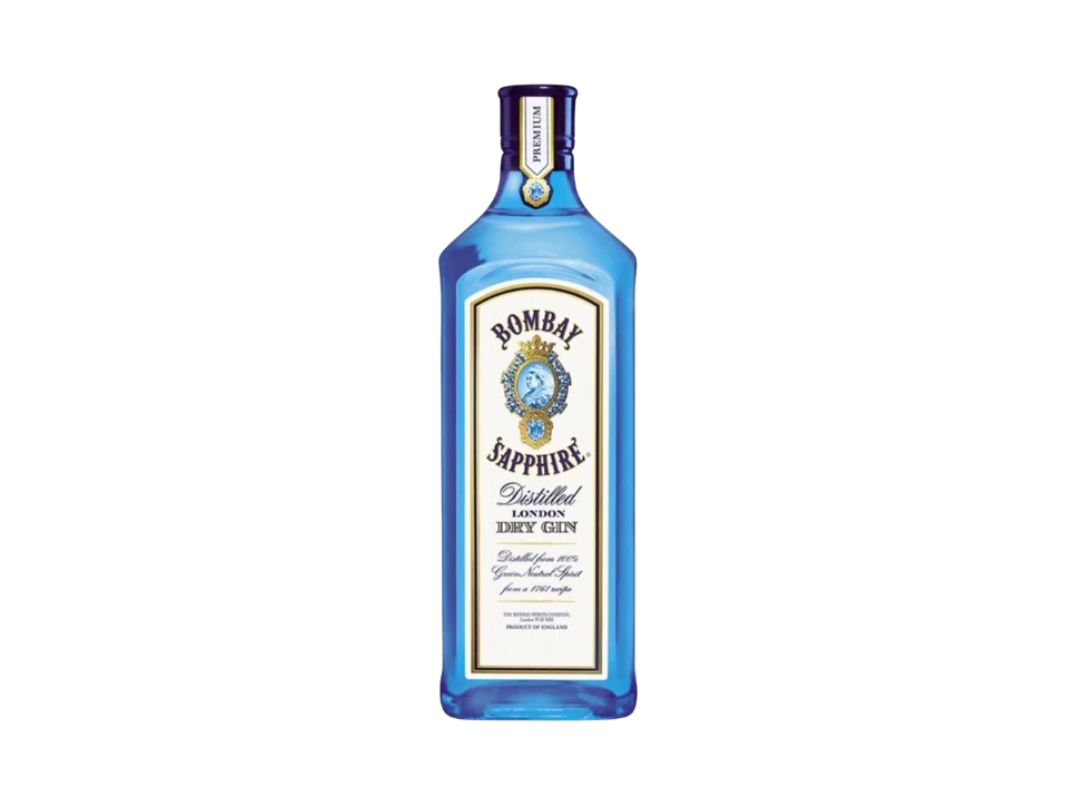 Bombay Sapphire gin bottle on a black background