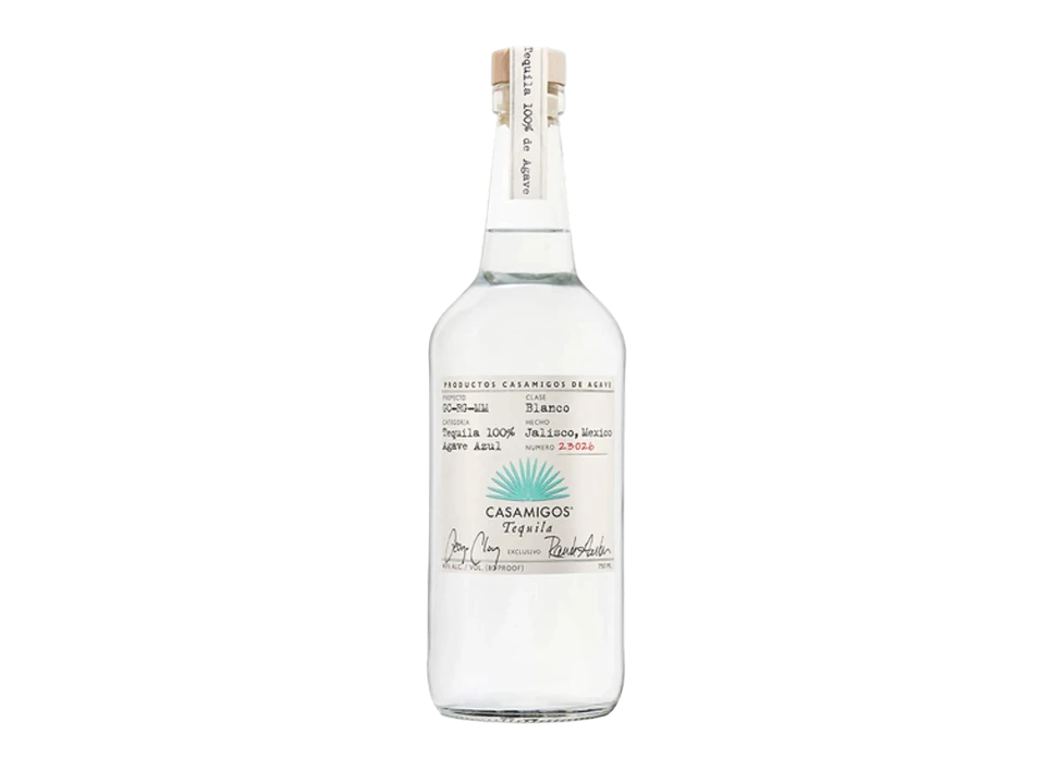 Casamigos Blanco tequila bottle on a black background