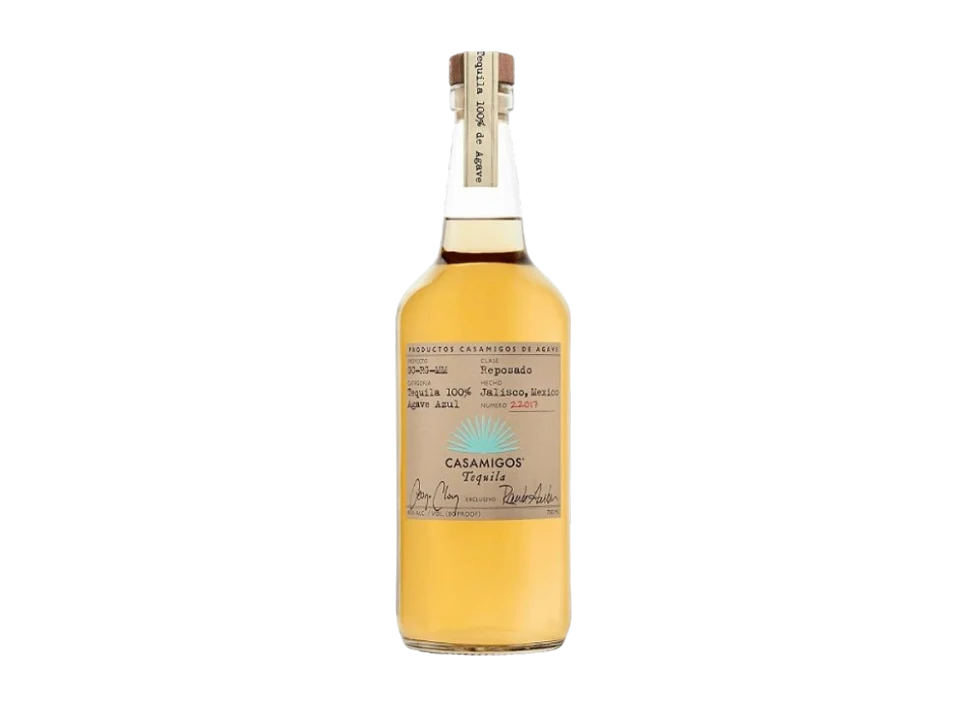 Casamigos tequila bottle with amber liquid