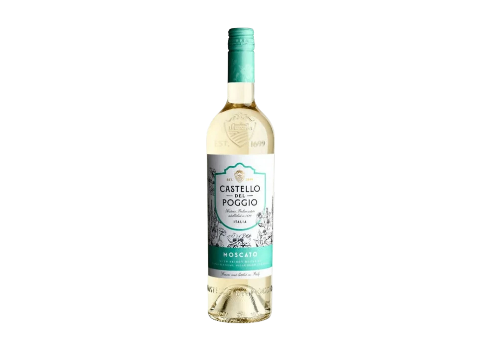 Bottle of Castello del Poggio Moscato wine against black background.