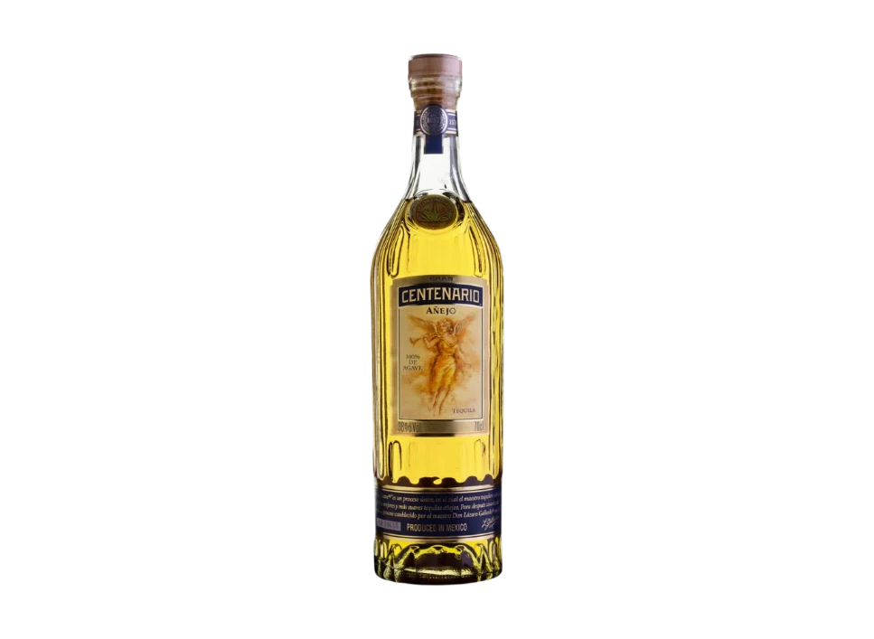 Centenario Añejo tequila bottle against black background