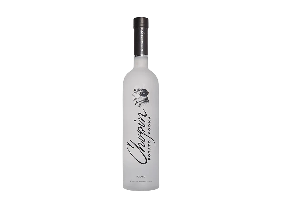 Chopin potato vodka bottle against a black background