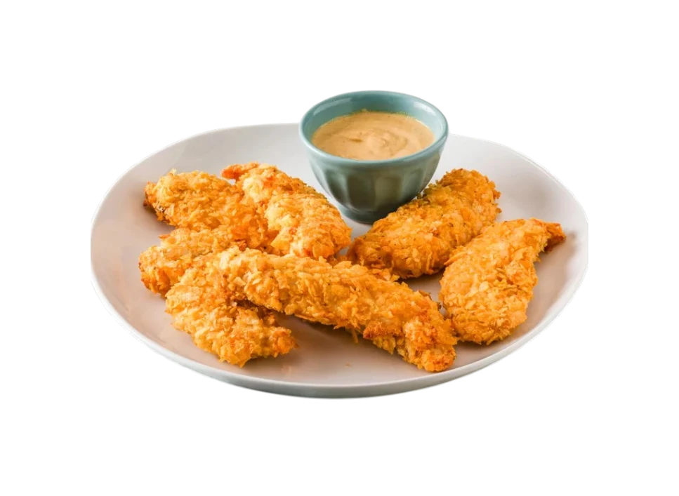 Crispy chicken tenders served with dipping sauce