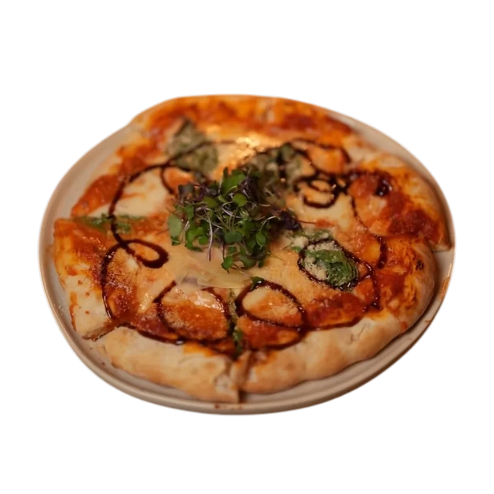 Delicious pizza with toppings and green garnish