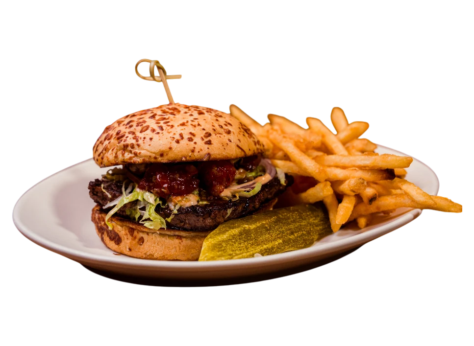 Delicious burger with fries on a plate