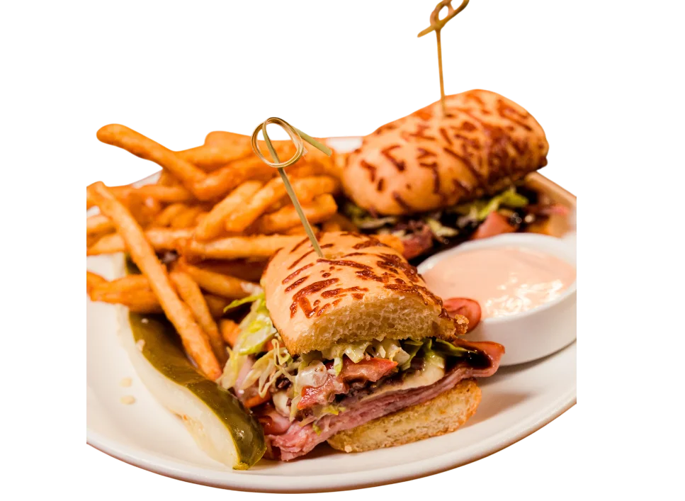 Delicious sandwiches served with sweet potato fries and pickles