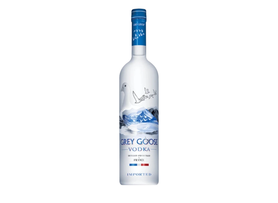 Bottle of Grey Goose vodka against a plain background