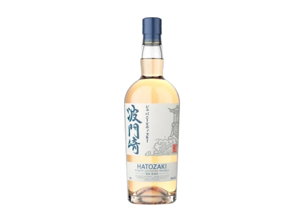 Bottle of Hatozaki Japanese whiskey against black background