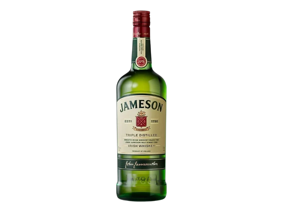 Bottle of Jameson Irish Whiskey on black background.