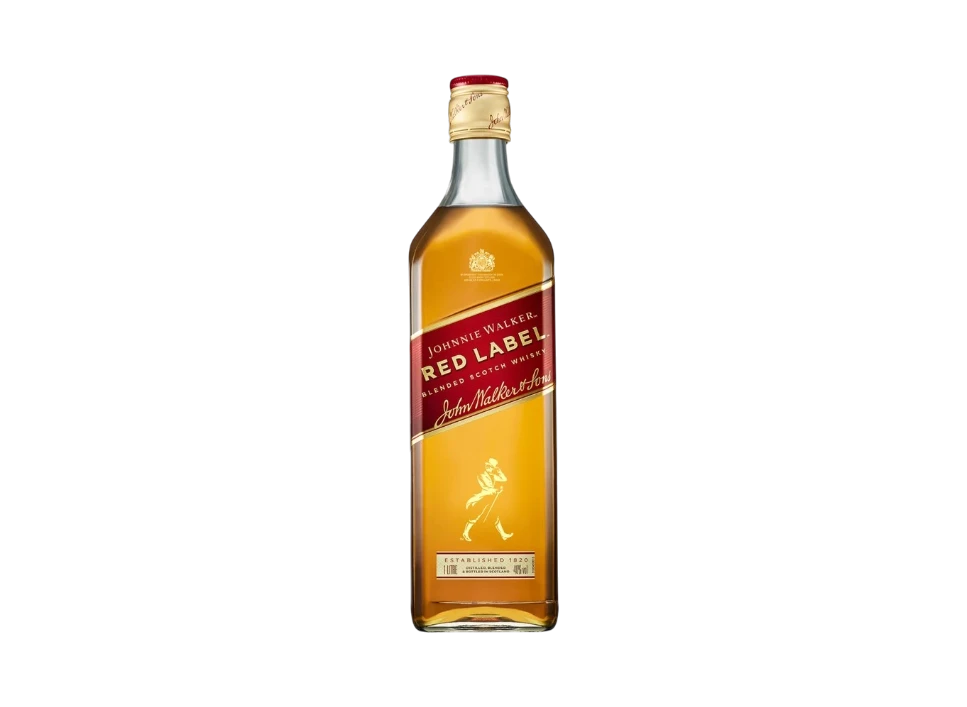 Bottle of Johnnie Walker Red Label whiskey on a black background