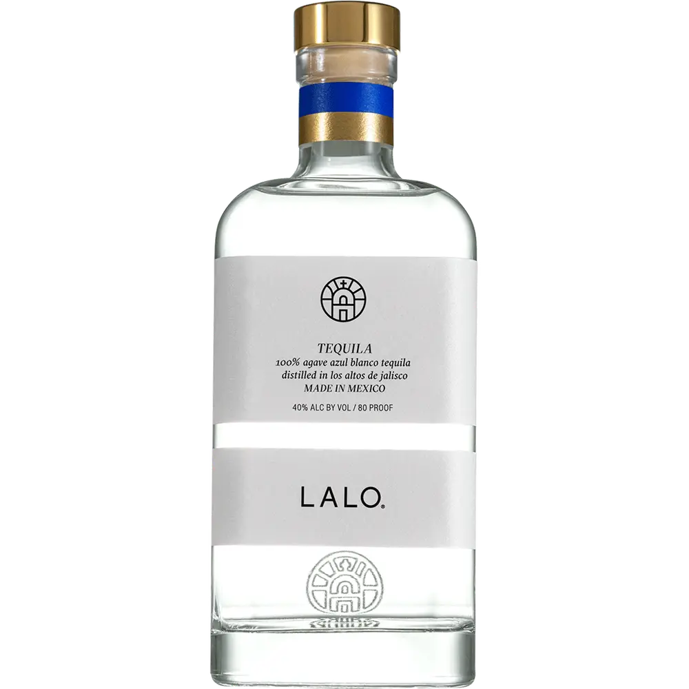 Clear bottle of LALO tequila, showcasing elegant design.