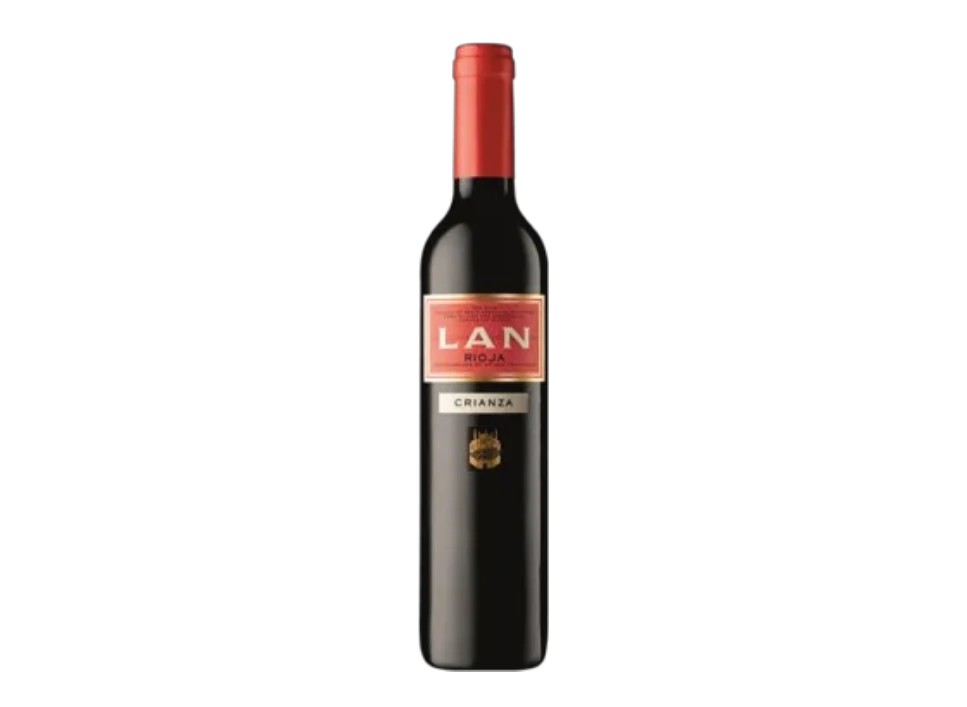 Bottle of LAN Crianza Rioja wine with red cap