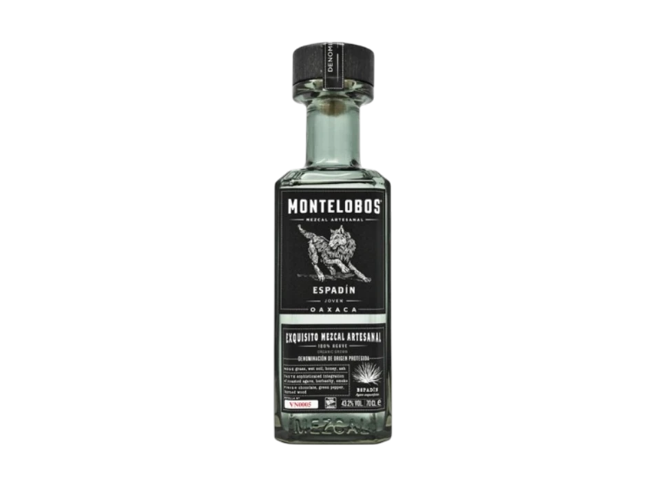 Bottle of Montelobos Espadin Mezcal with black label