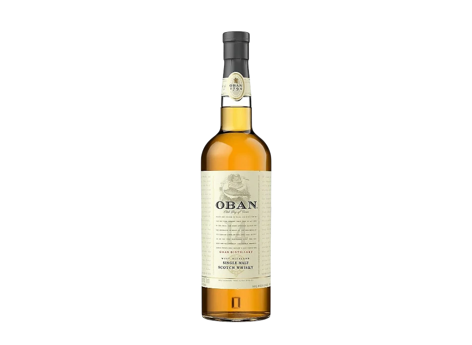 Bottle of Oban single malt Scotch whisky on black background