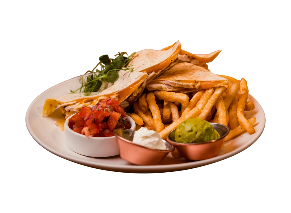 Delicious quesadilla platter with fries and dips