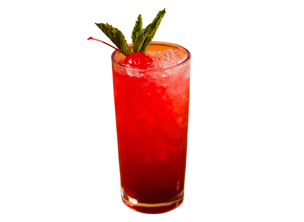Refreshing cherry cocktail with mint garnish in a tall glass