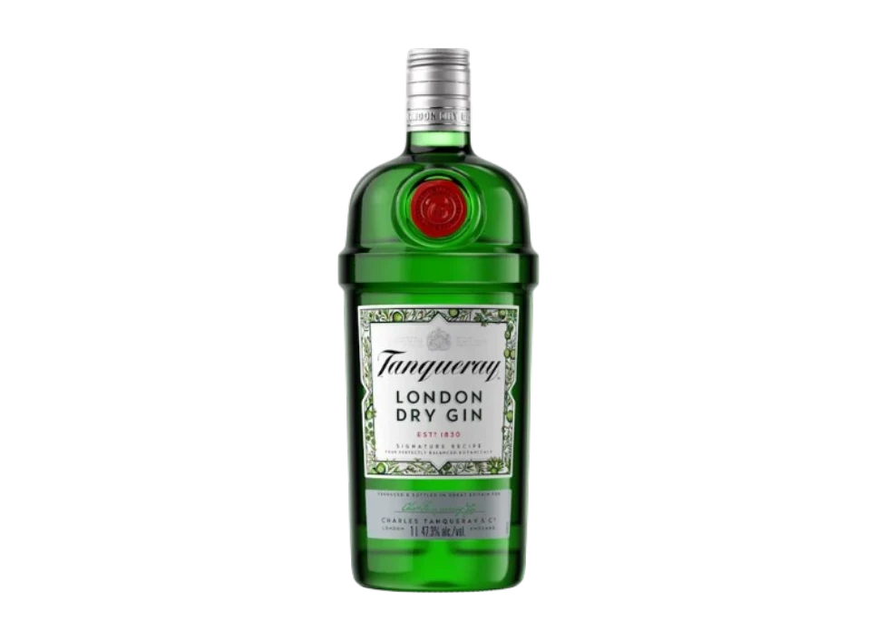 Bottle of Tanqueray London Dry Gin on a black background