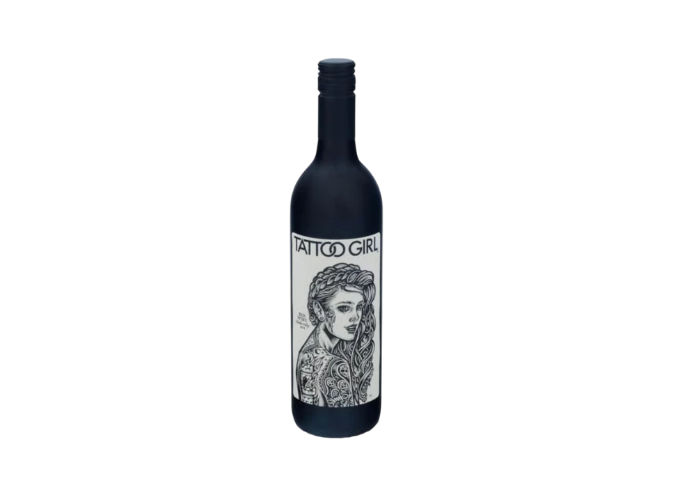 A wine bottle featuring a tattoo girl design label