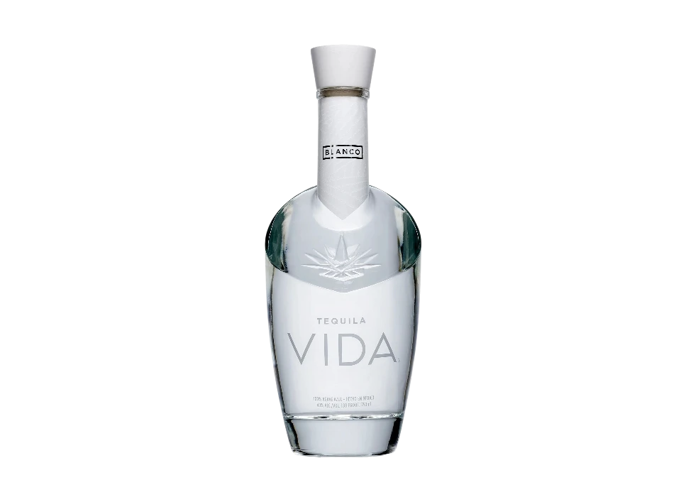 Clear tequila bottle labeled Vida on a black background