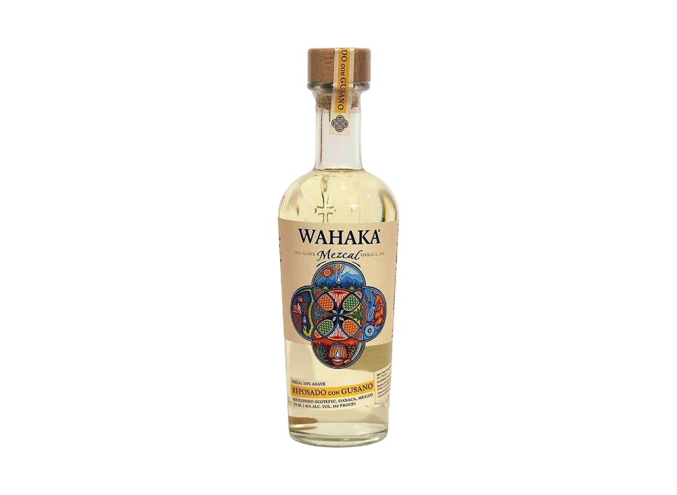 Bottle of Wahaka Mezcal with colorful label