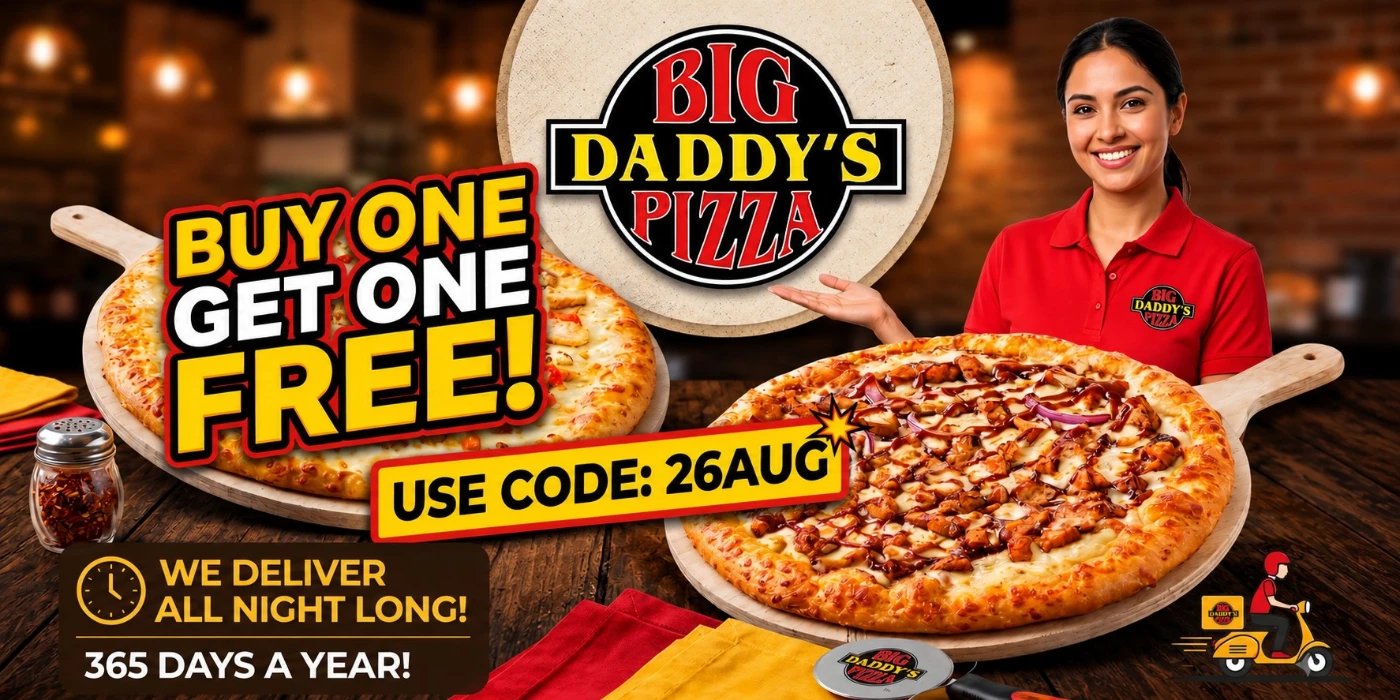Pizza promotion with two pizzas and delivery information