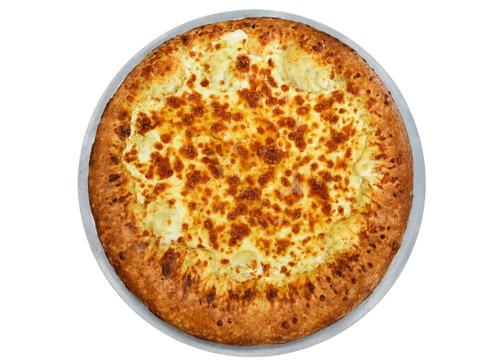 Golden-brown cheese pizza with a crispy crust on a black background