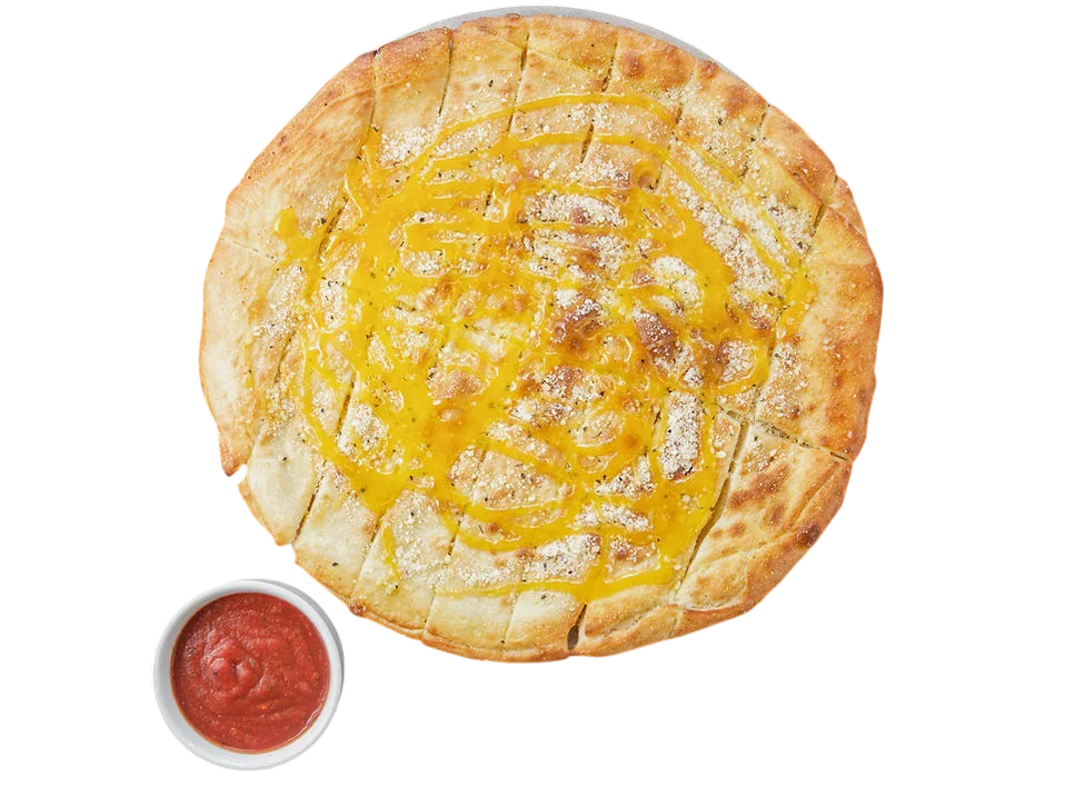 Golden cheesy pizza with dipping sauce