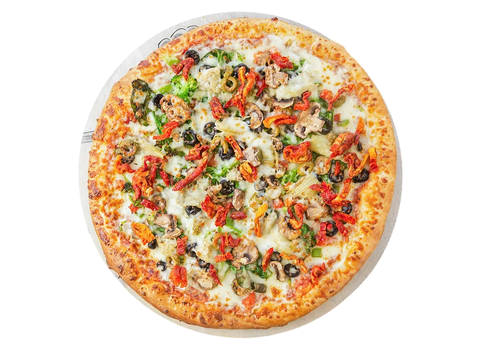 Delicious gourmet pizza topped with vegetables and meats.