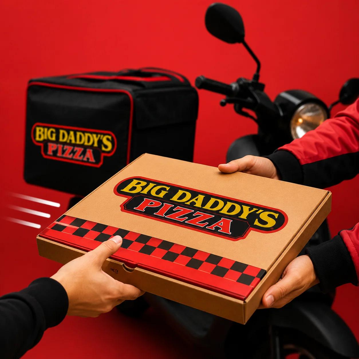 Pizza delivery box being handed over with a delivery bag in the background
