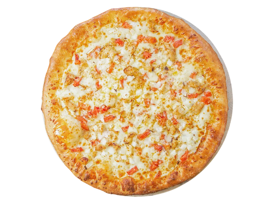 Delicious pizza topped with cheese, onions, and tomatoes