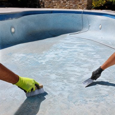 Pool cleaning in progress with scrubbing and scraping.