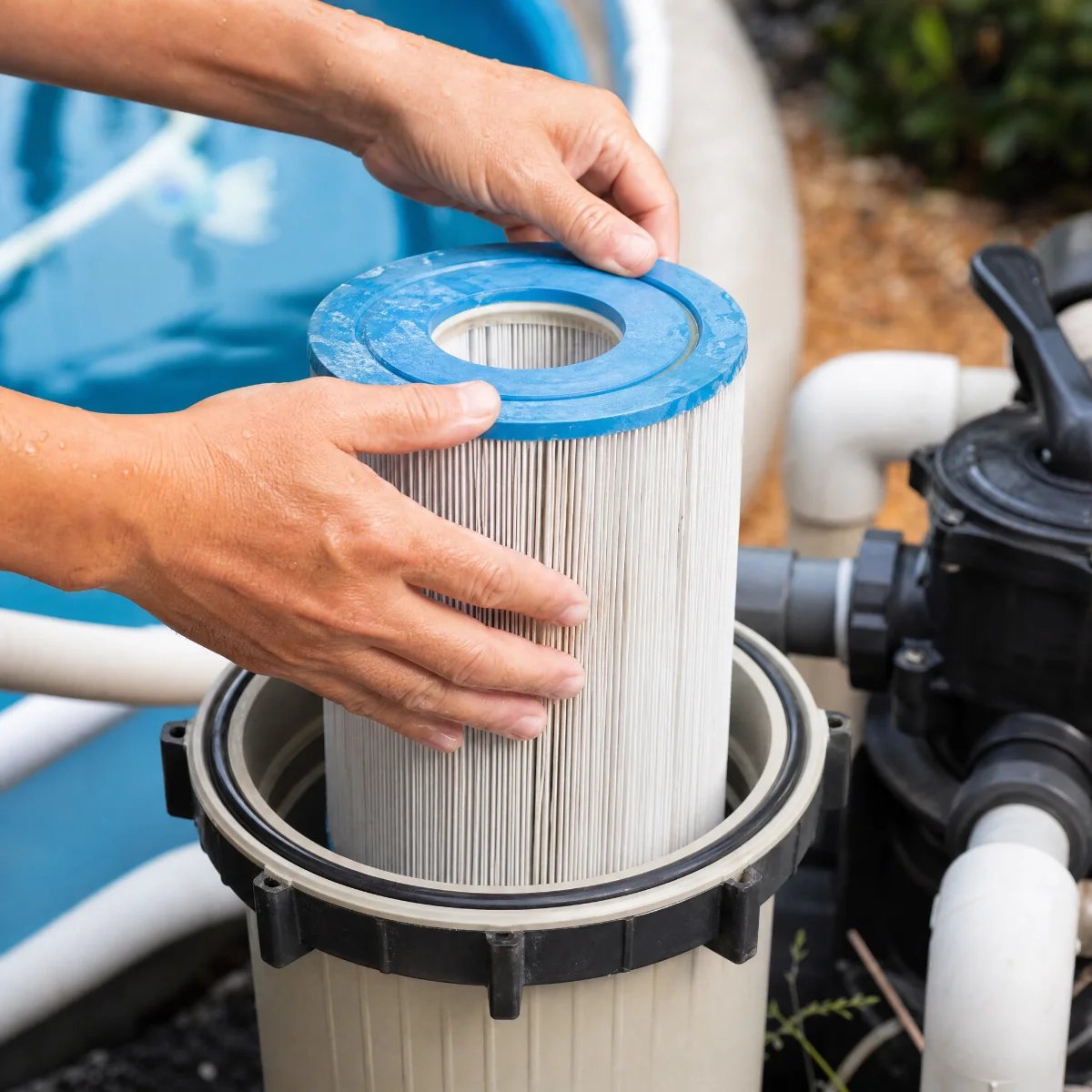 Person replacing a pool filter cartridge.