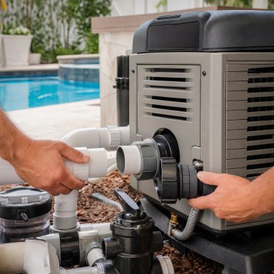 Hands connecting pipes to a pool heater by a swimming pool.