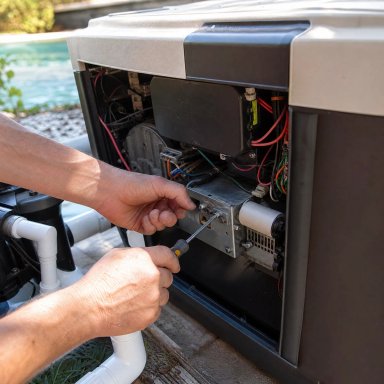 Technician repairing a swimming pool heater