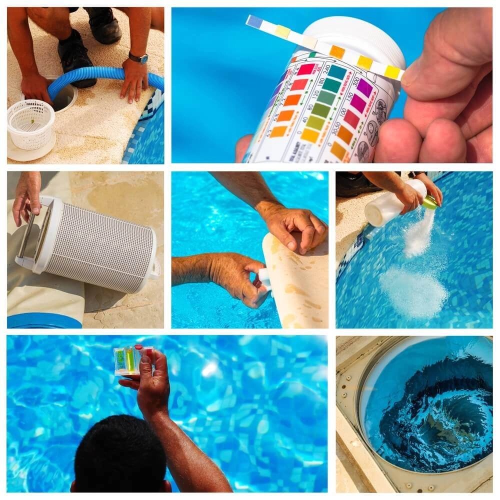 Pool maintenance with water testing and cleaning supplies