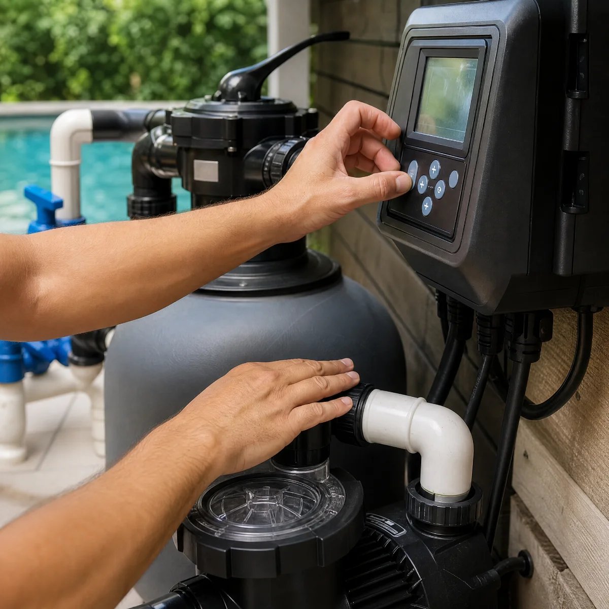 Person adjusting pool pump control panel