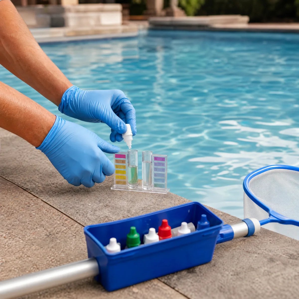 Pool water testing with gloved hands and test kit