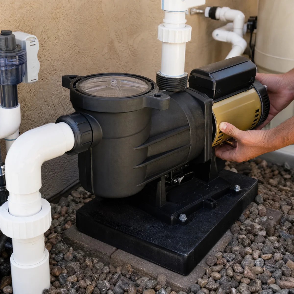 A person installing a pump system for water circulation.