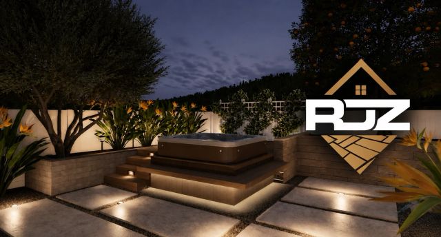 Modern backyard with a hot tub at dusk