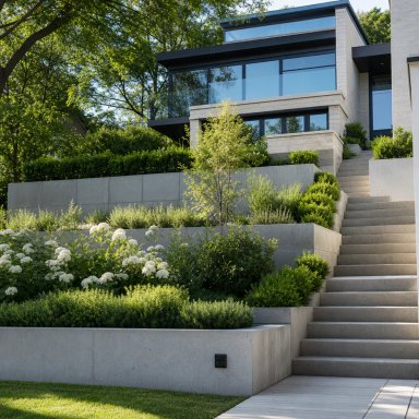 Modern home with landscaped garden and stairs