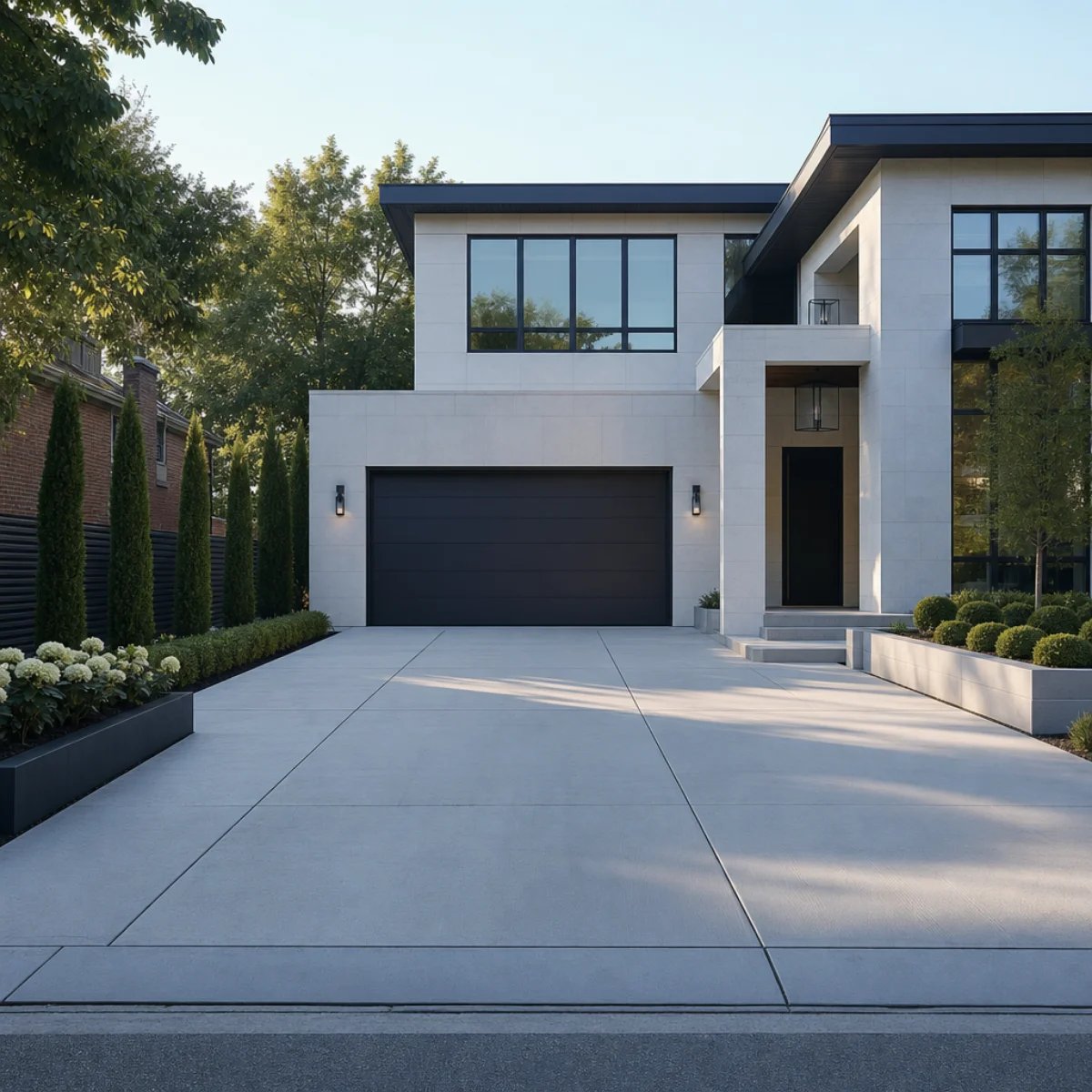 Modern residential architecture featuring a concrete driveway and landscaped yard.
