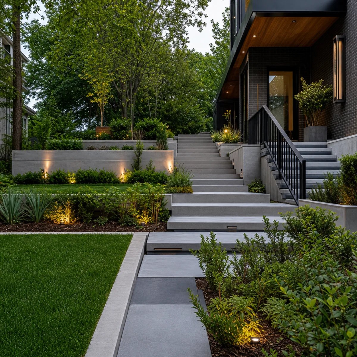 Modern landscaped garden with illuminated stairs and greenery