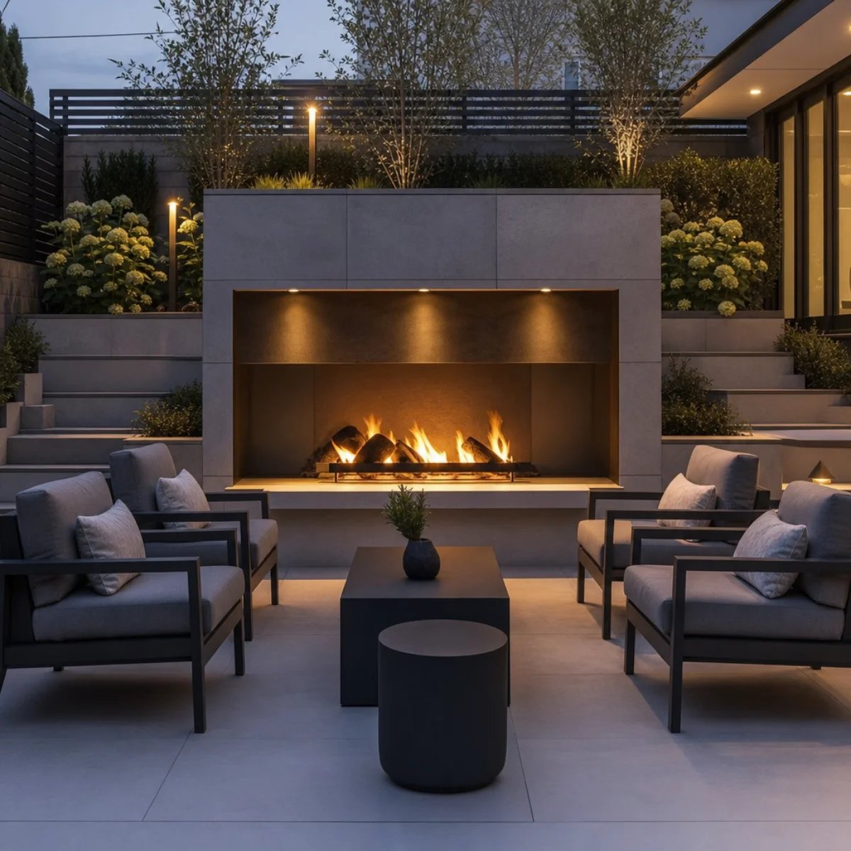 Modern outdoor space with fireplace and seating